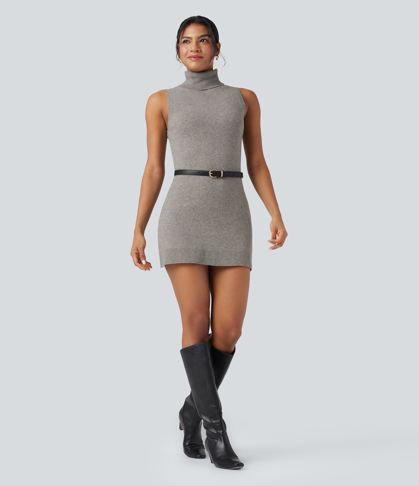 High-neck Sleeveless Mini Work Sweater Dress