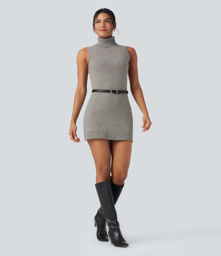 High-neck Sleeveless Mini Work Sweater Dress