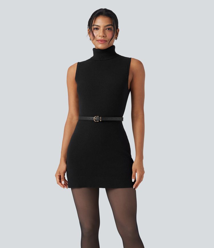 High-neck Sleeveless Mini Work Sweater Dress