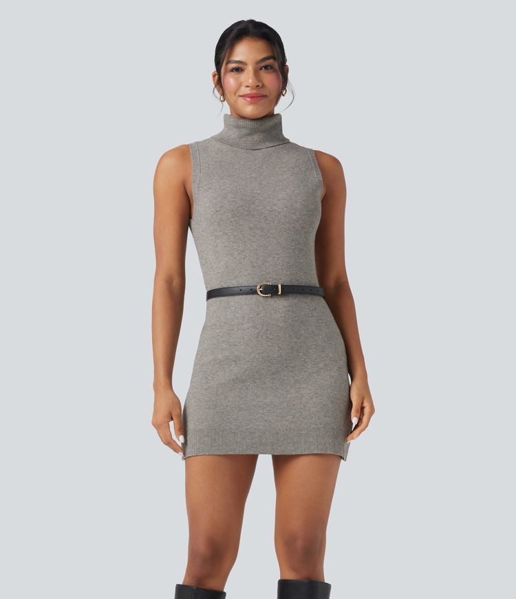High-neck Sleeveless Mini Work Sweater Dress
