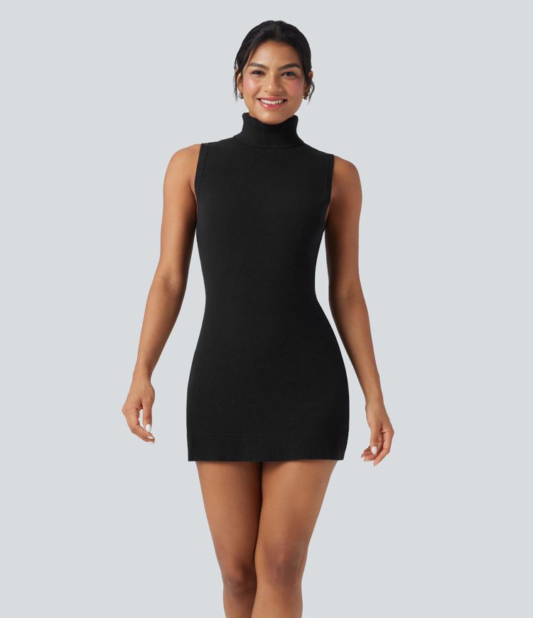 High-neck Sleeveless Mini Work Sweater Dress