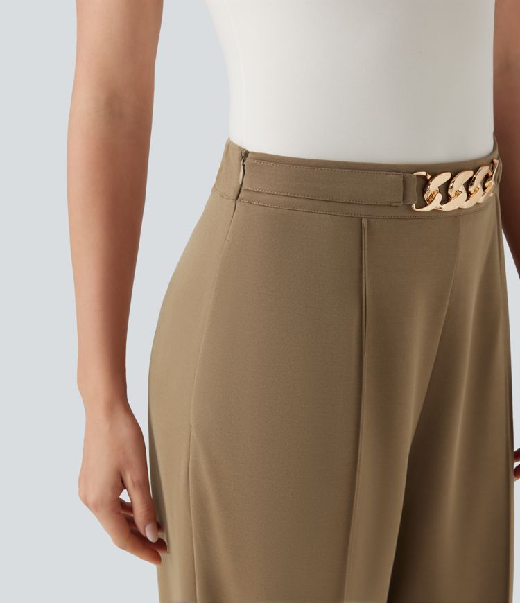 Pantalones rectos de oficina de tiro alto con cadena metálica y bolsillos