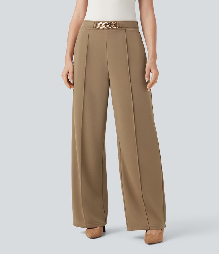 High Waisted Metal Chain Straight Leg Work Pants with Pockets