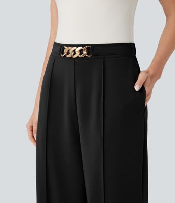 Hohe Taillenhose mit Metallkette, gerade Beine, Arbeitshose mit Taschen