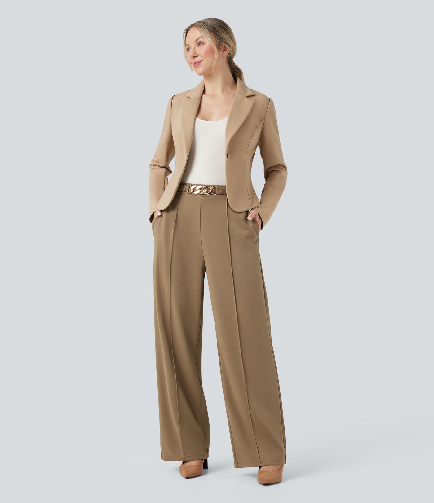 Pantalones rectos de oficina de tiro alto con cadena metálica y bolsillos