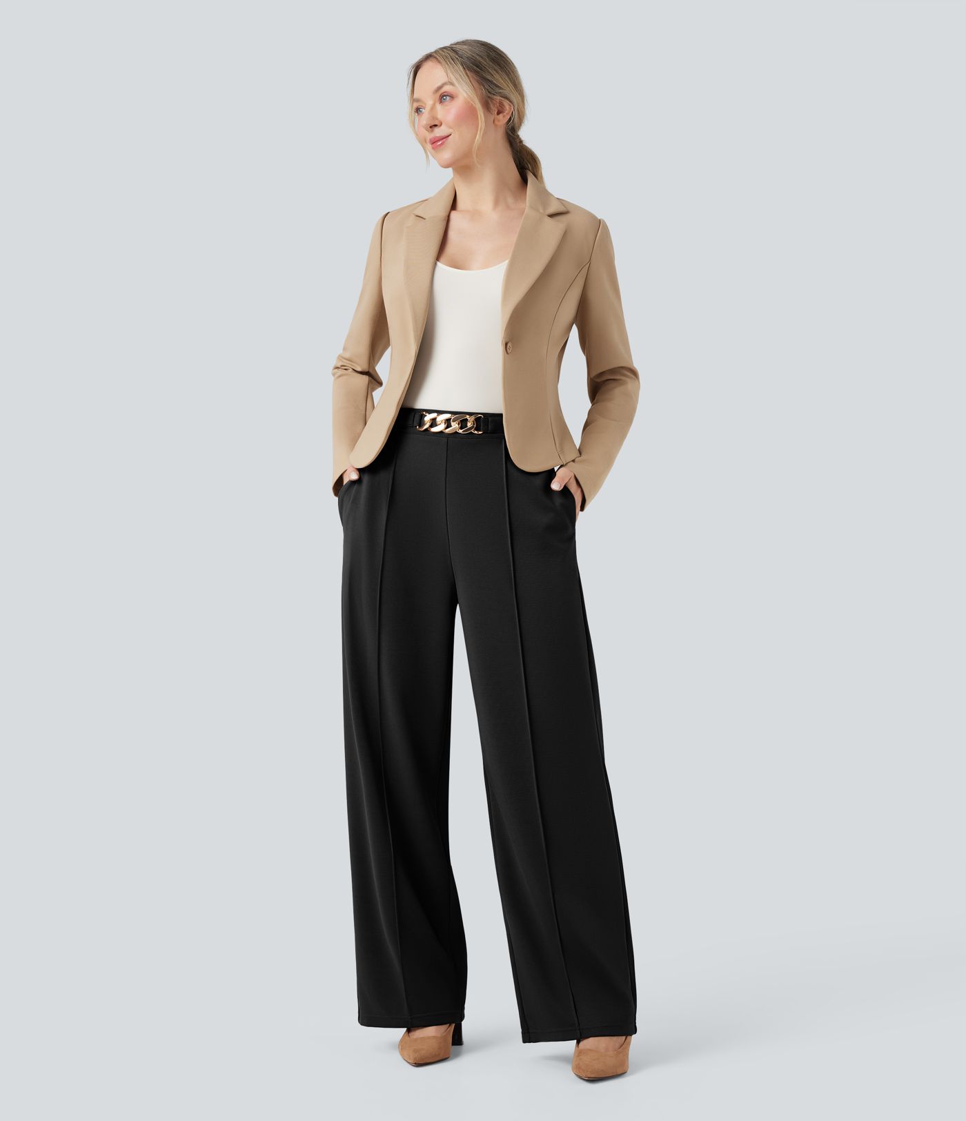 Hohe Taillenhose mit Metallkette, gerade Beine, Arbeitshose mit Taschen