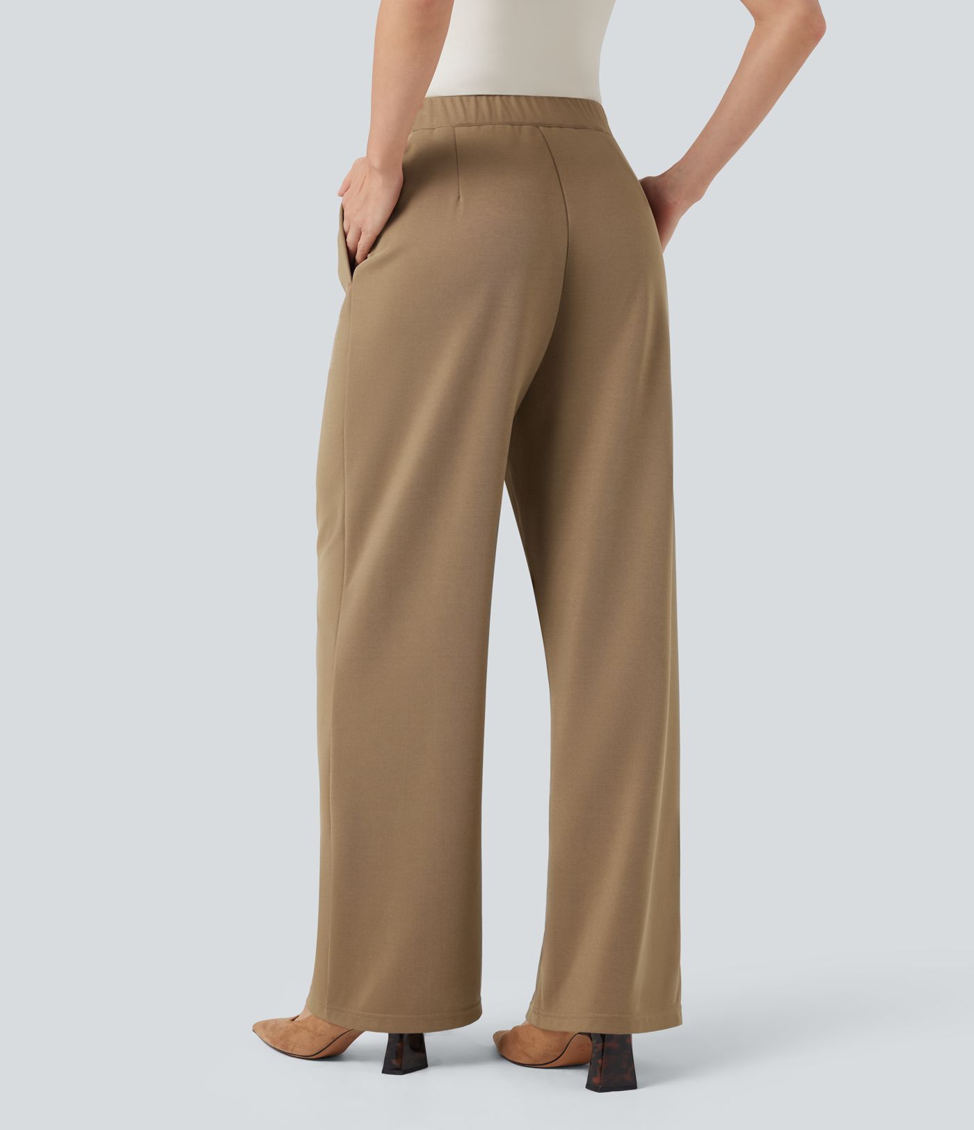 Pantalones rectos de oficina de tiro alto con cadena metálica y bolsillos