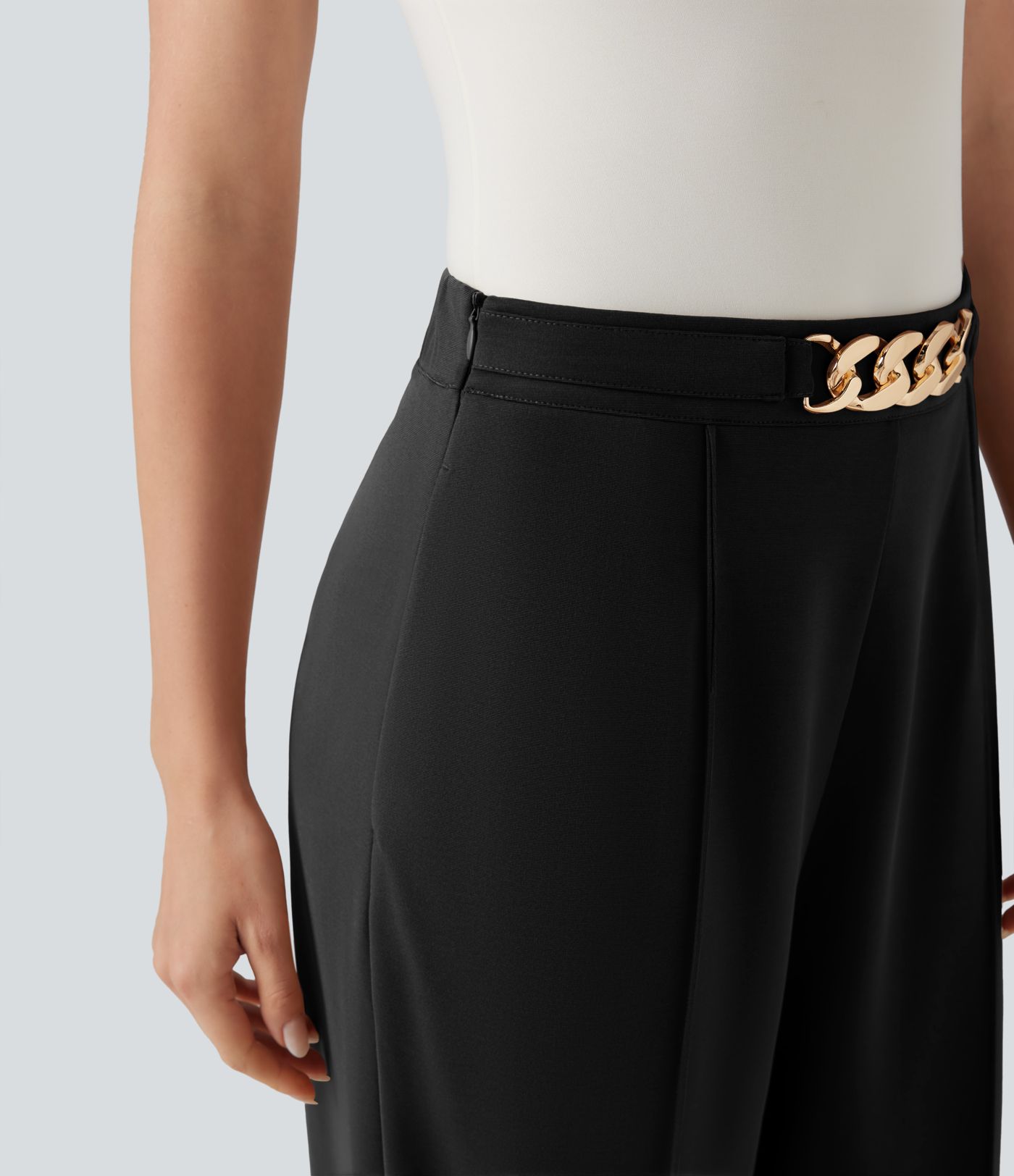 Hohe Taillenhose mit Metallkette, gerade Beine, Arbeitshose mit Taschen