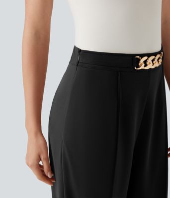 Hohe Taillenhose mit Metallkette, gerade Beine, Arbeitshose mit Taschen