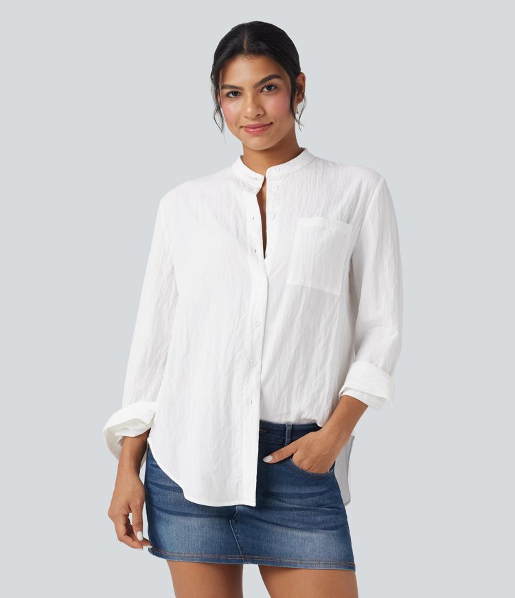 Long Sleeve Curved Hem Casual Shirt with Pocket