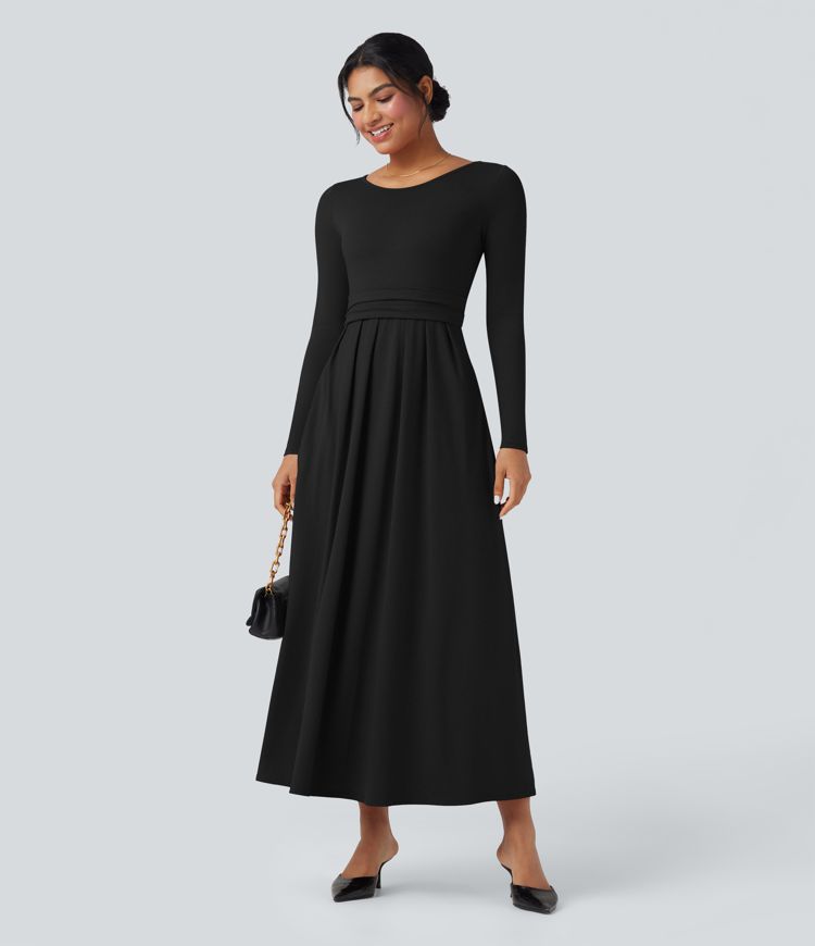 Robe longue décontractée évasée col rond plongeant manches longues avec poches