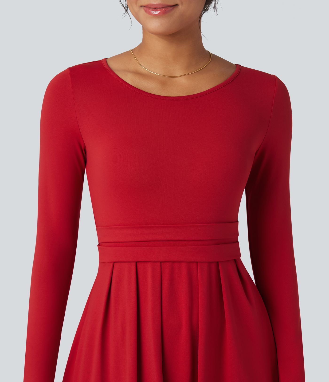 Scoop Neck Long Sleeve Flare Maxi Casual Dress with Pockets