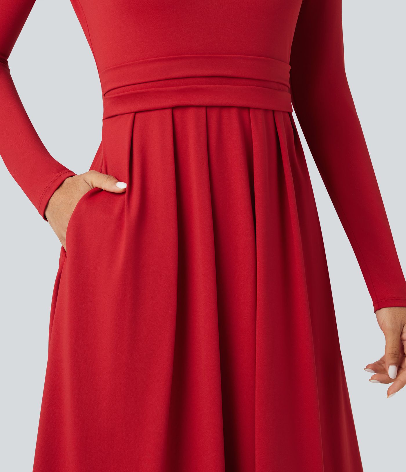 Scoop Neck Long Sleeve Flare Maxi Casual Dress with Pockets
