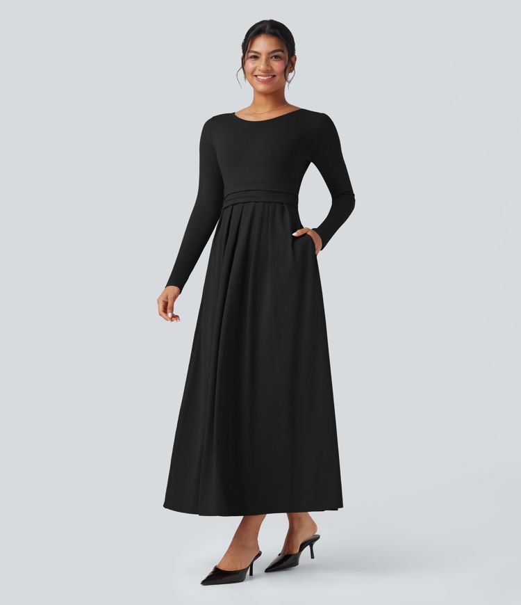 Scoop Neck Long Sleeve Flare Maxi Casual Dress with Pockets