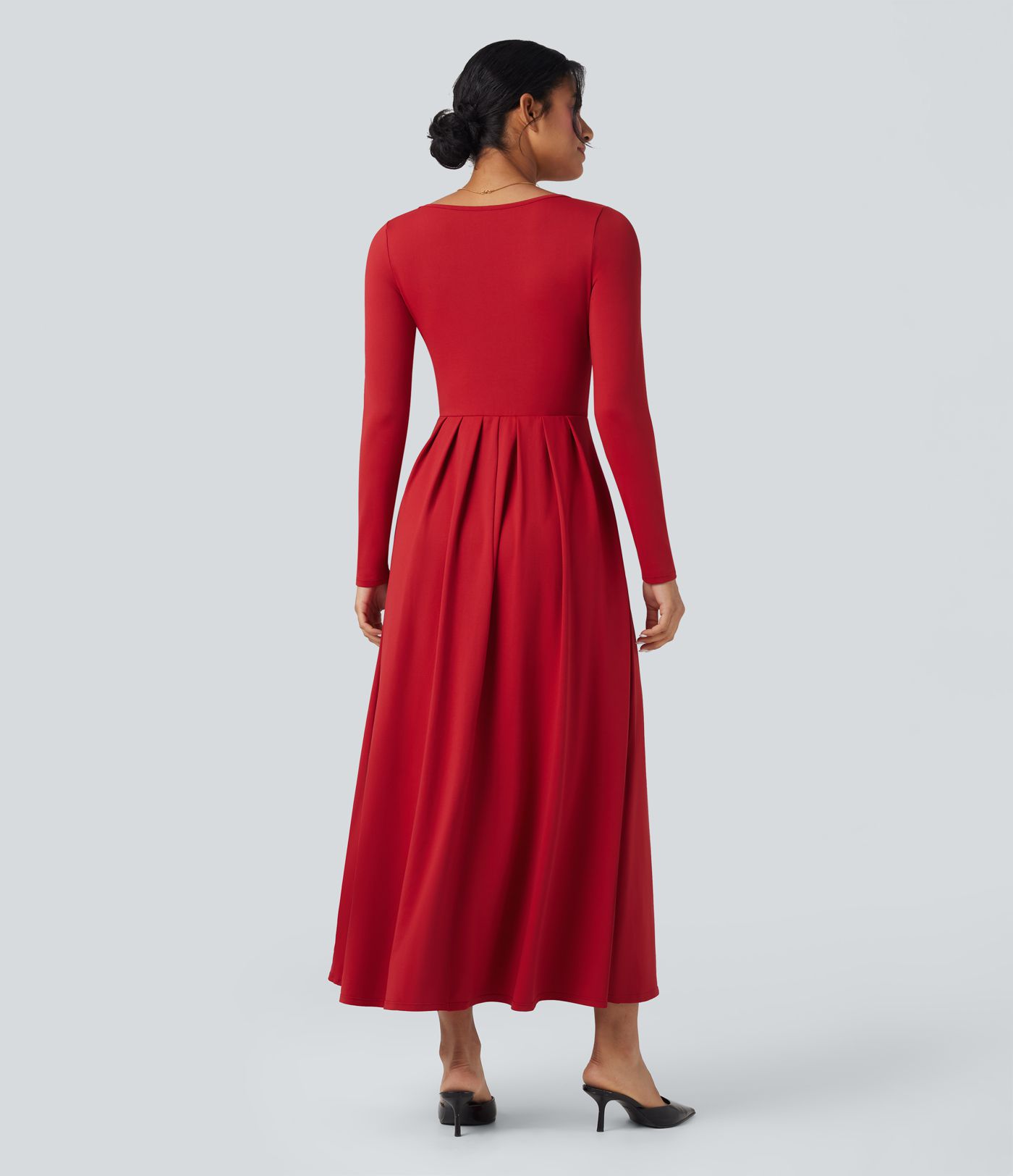 Scoop Neck Long Sleeve Flare Maxi Casual Dress with Pockets