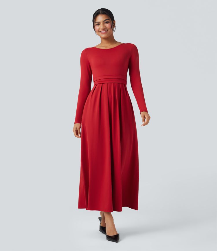Scoop Neck Long Sleeve Flare Maxi Casual Dress with Pockets