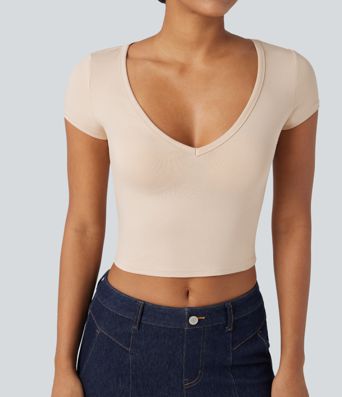 Deep V-neck Short Sleeve Slim Casual T-Shirt