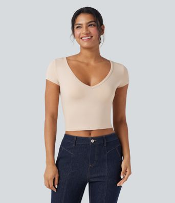 Deep V-neck Short Sleeve Slim Casual T-Shirt