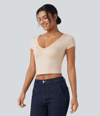 Deep V-neck Short Sleeve Slim Casual T-Shirt