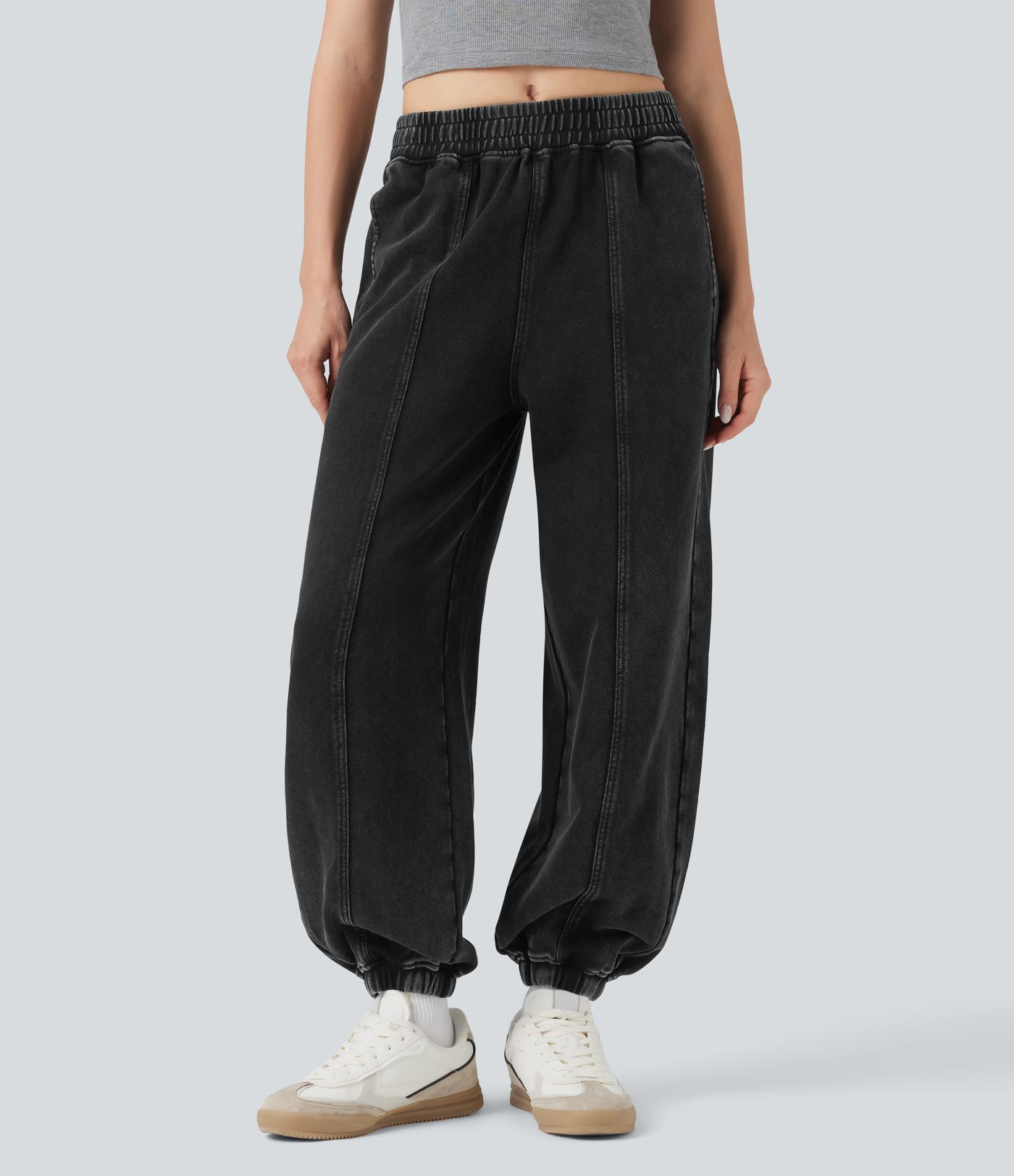 Mellemhøje, vaskede French Terry bomuldsjoggers i casual stil med lommer