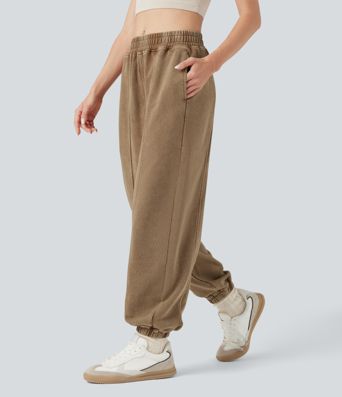 Cepli, orta bel, yıkanmış Fransız havlu pamuklu rahat jogger