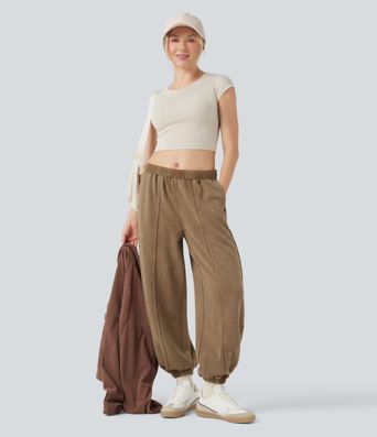 Cepli, orta bel, yıkanmış Fransız havlu pamuklu rahat jogger