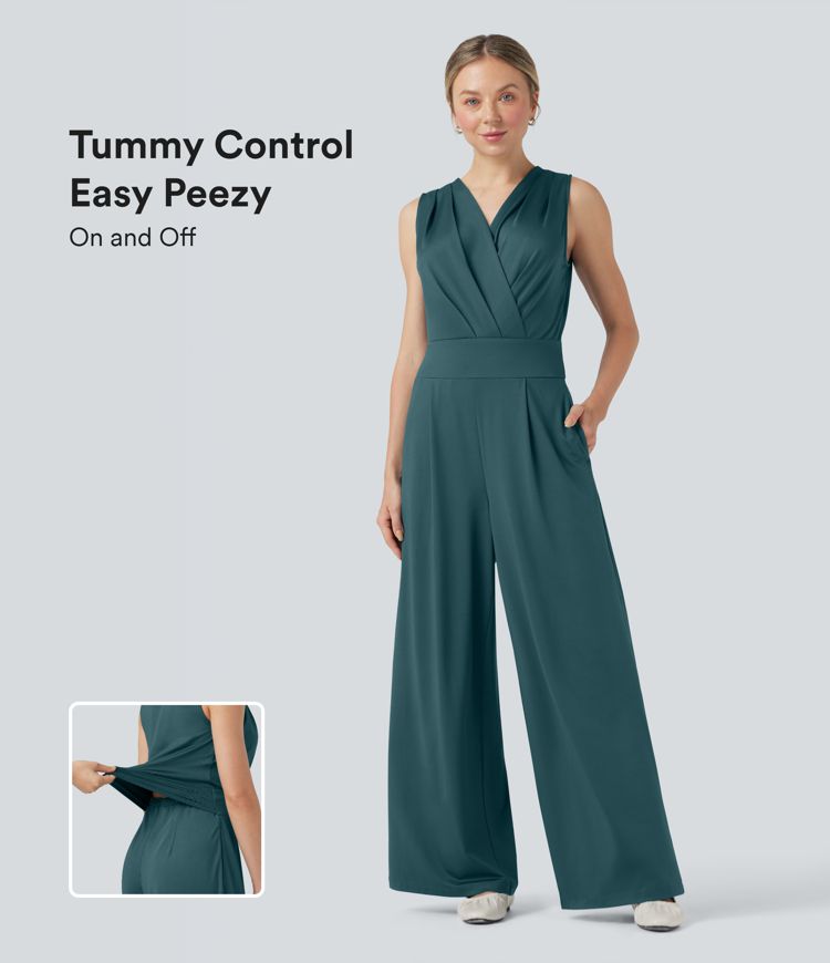 V-neck Sleeveless Pleated Crossover Tummy Control Casual Jumpsuit with Pockets-Easy Peezy