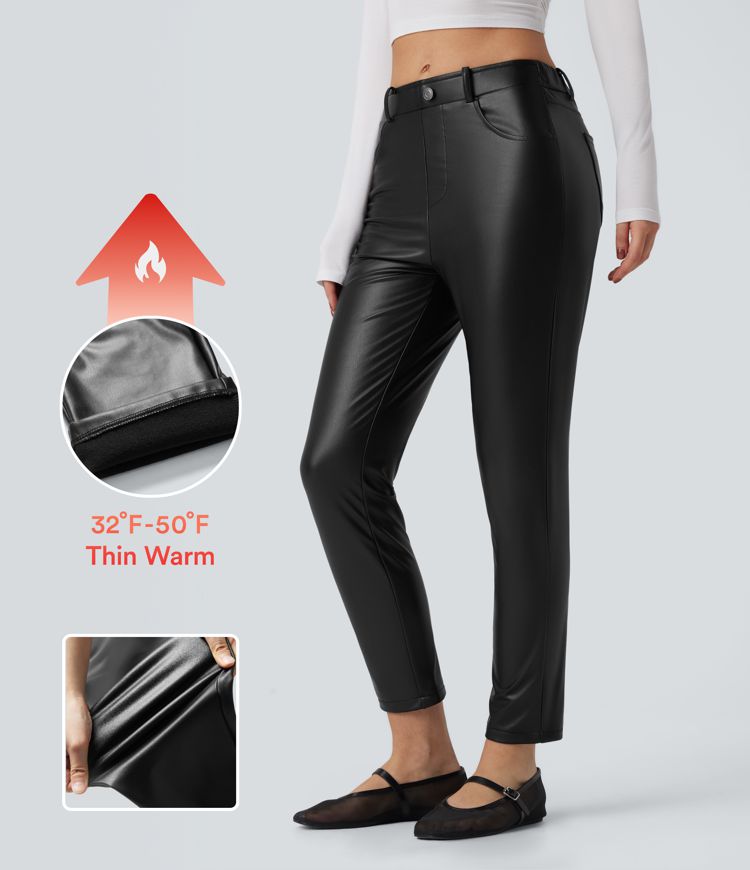 Mid Rise Stretchy PU Fleece 7/8 Casual Tapered Trousers with Pockets