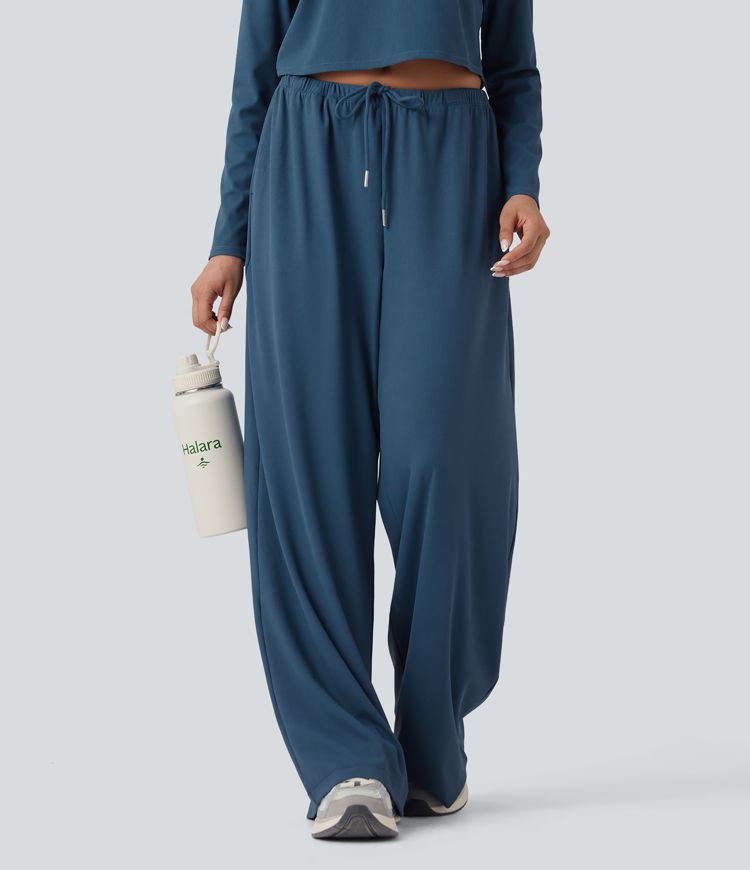 Mid Rise Drawstring Straight Leg Waffle Knit Yoga Pants with Pockets