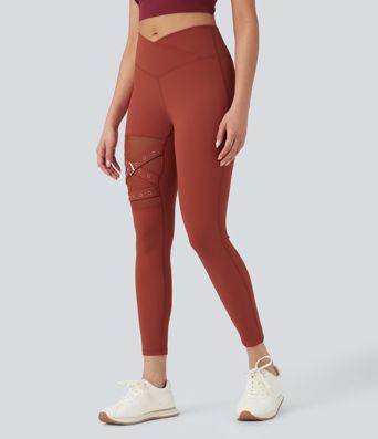 Hohe Taille Überkreuz Kontrast Mesh Dekorative Schnalle Yoga-Leggings