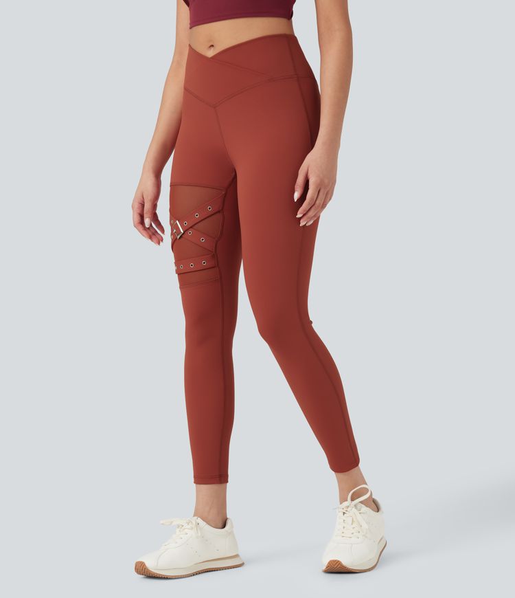Hohe Taille Überkreuz Kontrast Mesh Dekorative Schnalle Yoga-Leggings