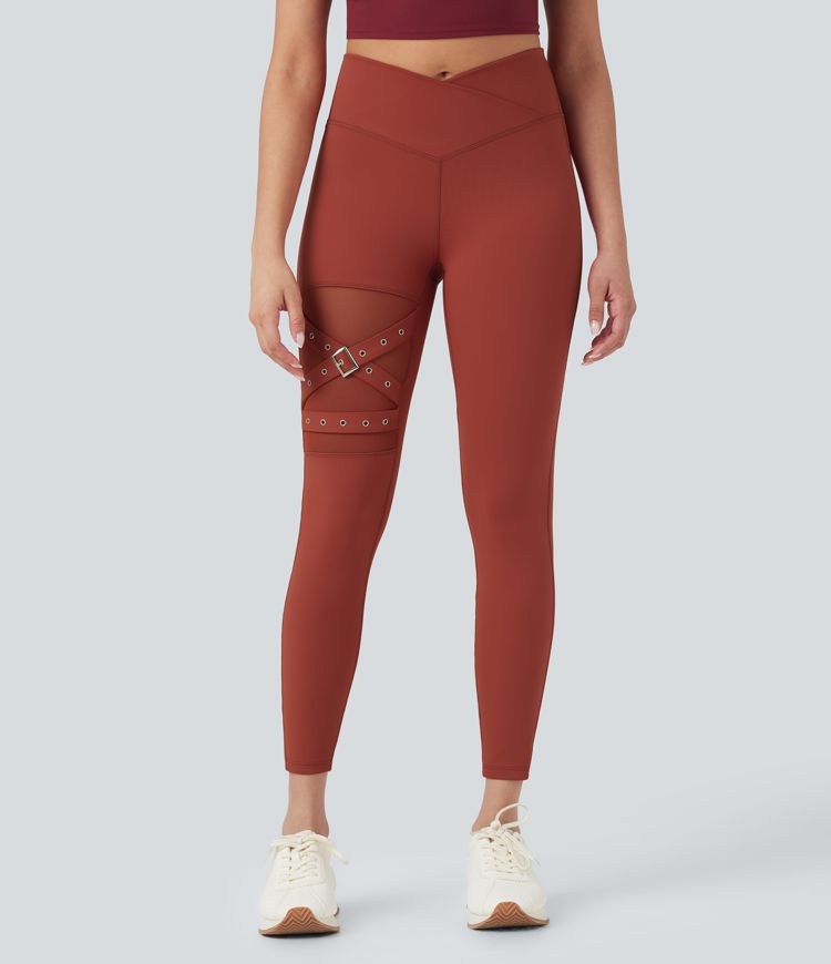 Hohe Taille Überkreuz Kontrast Mesh Dekorative Schnalle Yoga-Leggings