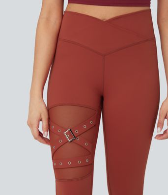 Hohe Taille Überkreuz Kontrast Mesh Dekorative Schnalle Yoga-Leggings