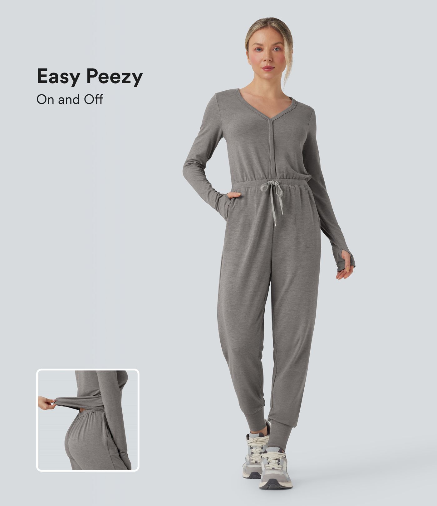 V Neck Long Sleeve Thumb Hole Drawstring Workout Jumpsuit with Pockets-Easy Peezy Edition