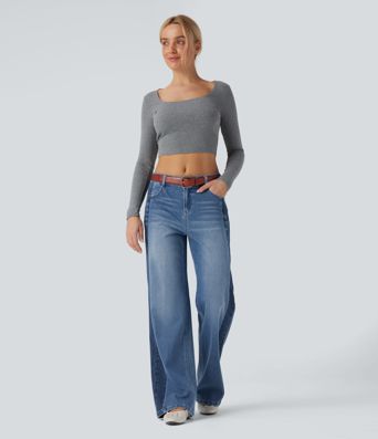 Halara Flex™ Low Rise Color Block Wide Leg Casual Jeans with Pockets