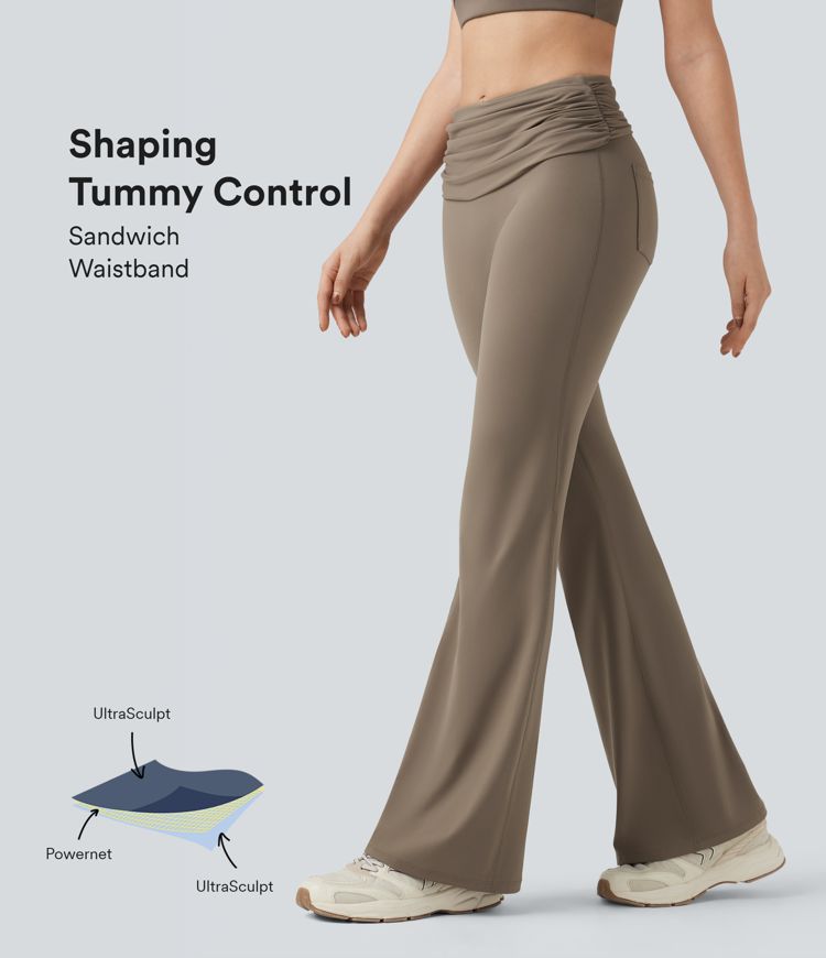 Halara UltraSculpt™ SoCinched Foldover Mid Rise Ruched Tummy Control Dance Bootcut Leggings with Pockets