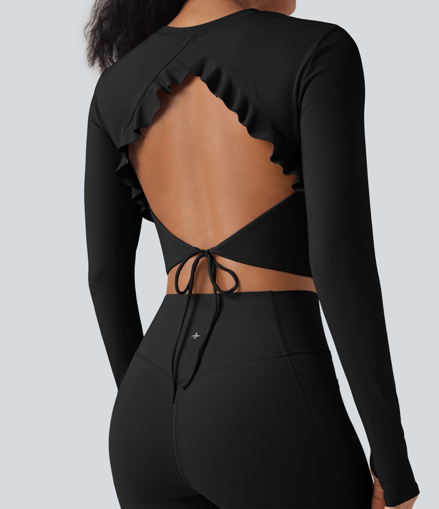 SoftlyZero™ Airy Round Neck Long Sleeve Thumb Hole Cut Out Tie Back Cool Touch Cropped Yoga Sports Top