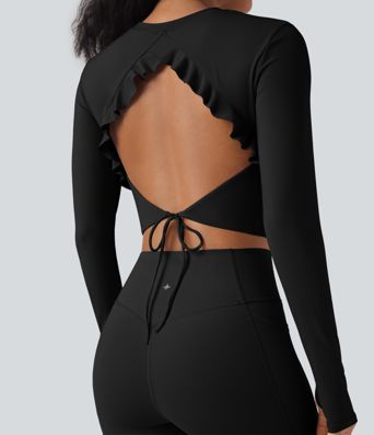 SoftlyZero™ Airy Round Neck Long Sleeve Thumb Hole Cut Out Tie Back Cool Touch Cropped Yoga Sports Top
