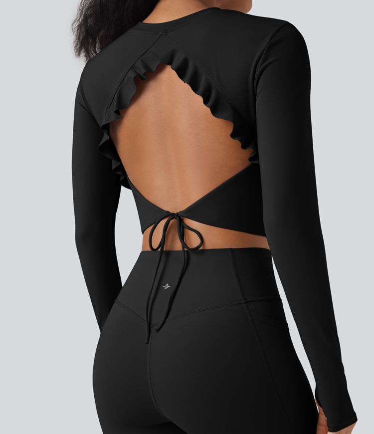 SoftlyZero™ Airy Round Neck Long Sleeve Thumb Hole Cut Out Tie Back Cool Touch Cropped Yoga Sports Top