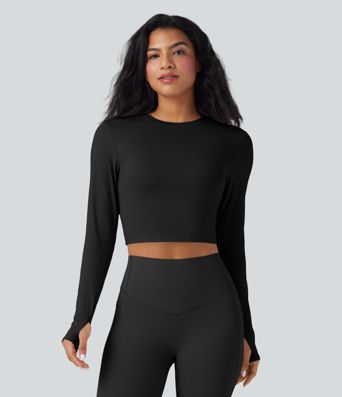 SoftlyZero™ Airy Round Neck Long Sleeve Thumb Hole Cut Out Tie Back Cool Touch Cropped Yoga Sports Top