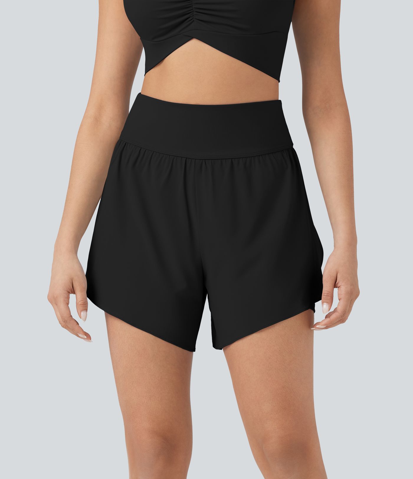 SoftlyZero™ QuickDry High Waisted Tummy Control Reflective Dots Crossover Hem 2-in-1 Running Shorts 5'' with Pockets
