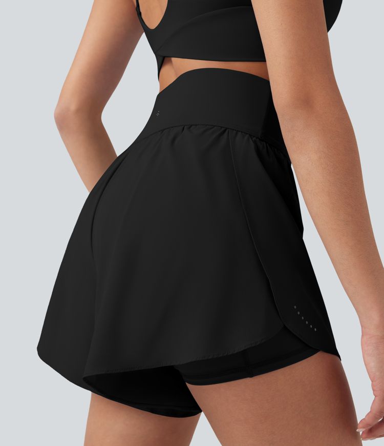 SoftlyZero™ QuickDry High Waisted Tummy Control Reflective Dots Crossover Hem 2-in-1 Running Shorts 5'' with Pockets