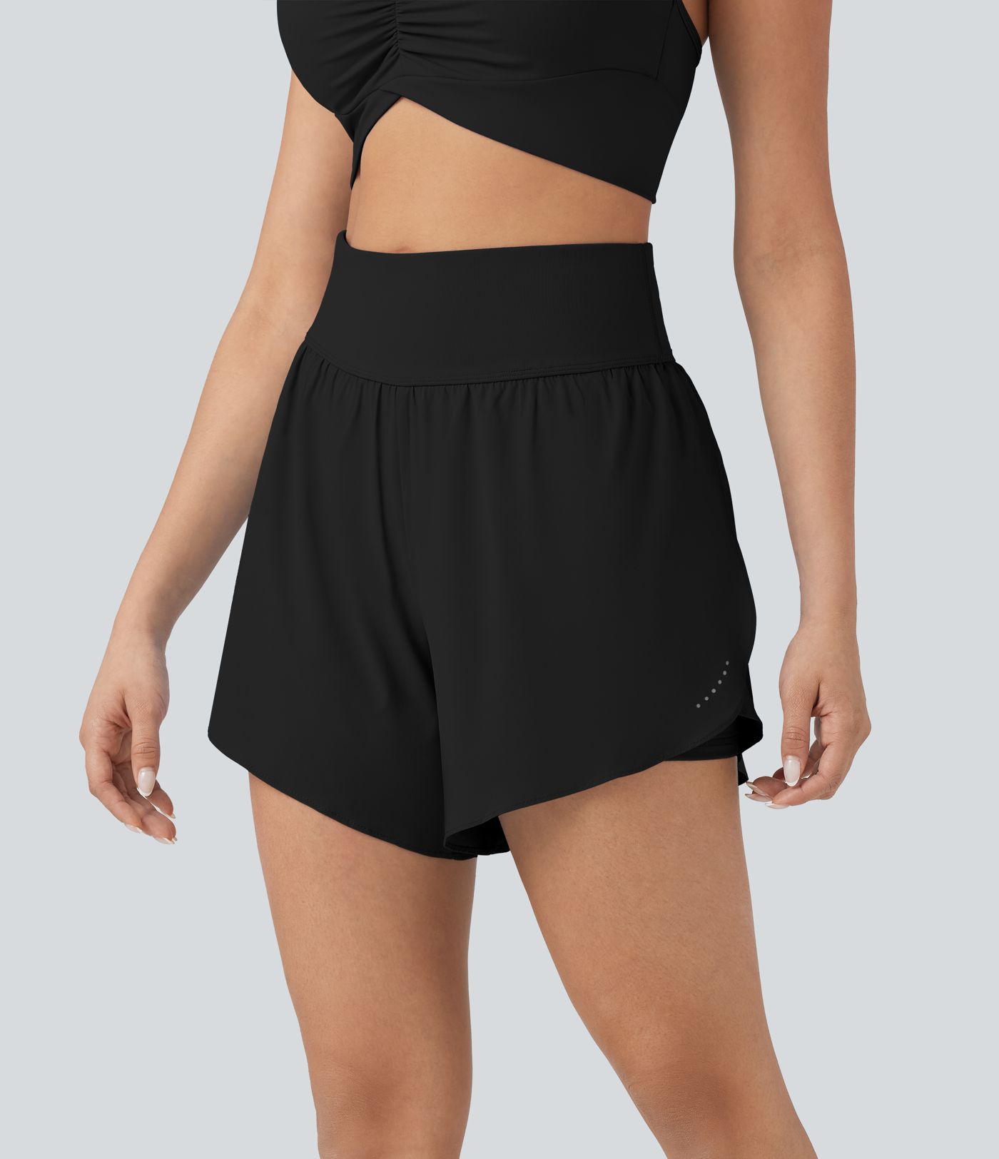 SoftlyZero™ QuickDry High Waisted Tummy Control Reflective Dots Crossover Hem 2-in-1 Running Shorts 5'' with Pockets