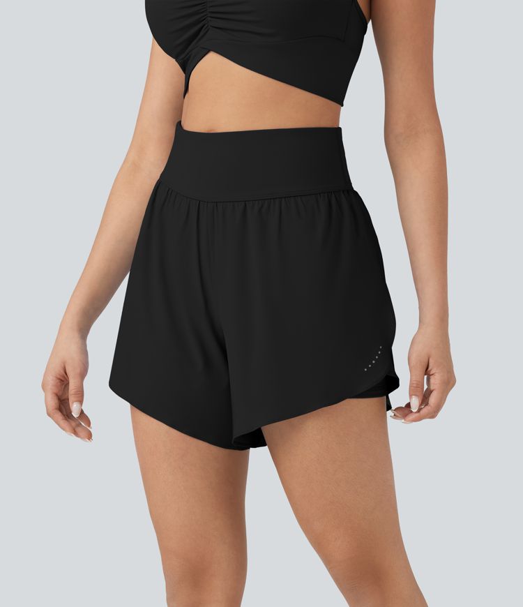 SoftlyZero™ QuickDry SoCinched High Waisted Tummy Control Reflective Dots Crossover Hem 2-in-1 Running Shorts 5'' with Pockets