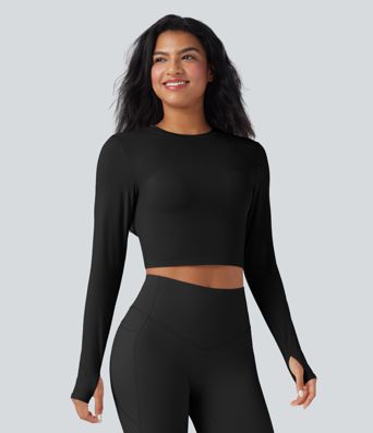 SoftlyZero™ Airy Round Neck Long Sleeve Thumb Hole Cut Out Tie Back Cool Touch Cropped Yoga Sports Top