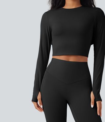 SoftlyZero™ Airy Round Neck Long Sleeve Thumb Hole Cut Out Tie Back Cool Touch Cropped Yoga Sports Top