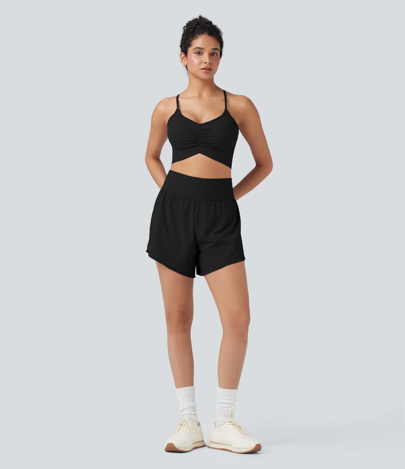 SoftlyZero™ QuickDry High Waisted Tummy Control Reflective Dots Crossover Hem 2-in-1 Running Shorts 5'' with Pockets
