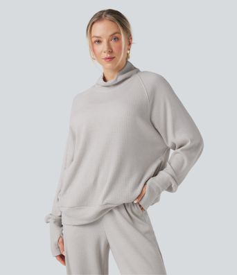 High-neck Long Sleeve Thumb Holes Oversized Waffle Casual Sweatshirt with Pockets