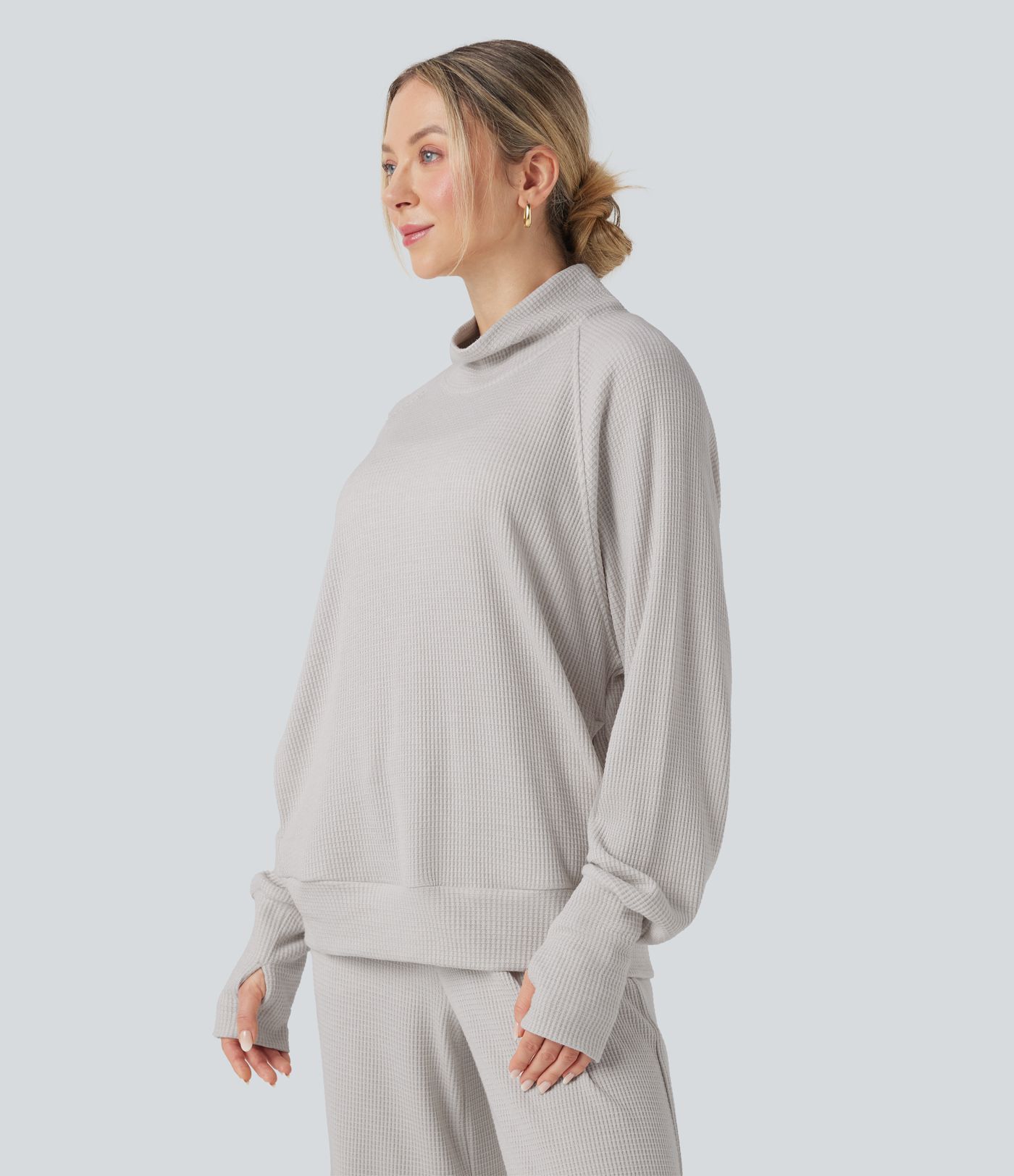 High-neck Long Sleeve Thumb Holes Oversized Waffle Casual Sweatshirt with Pockets