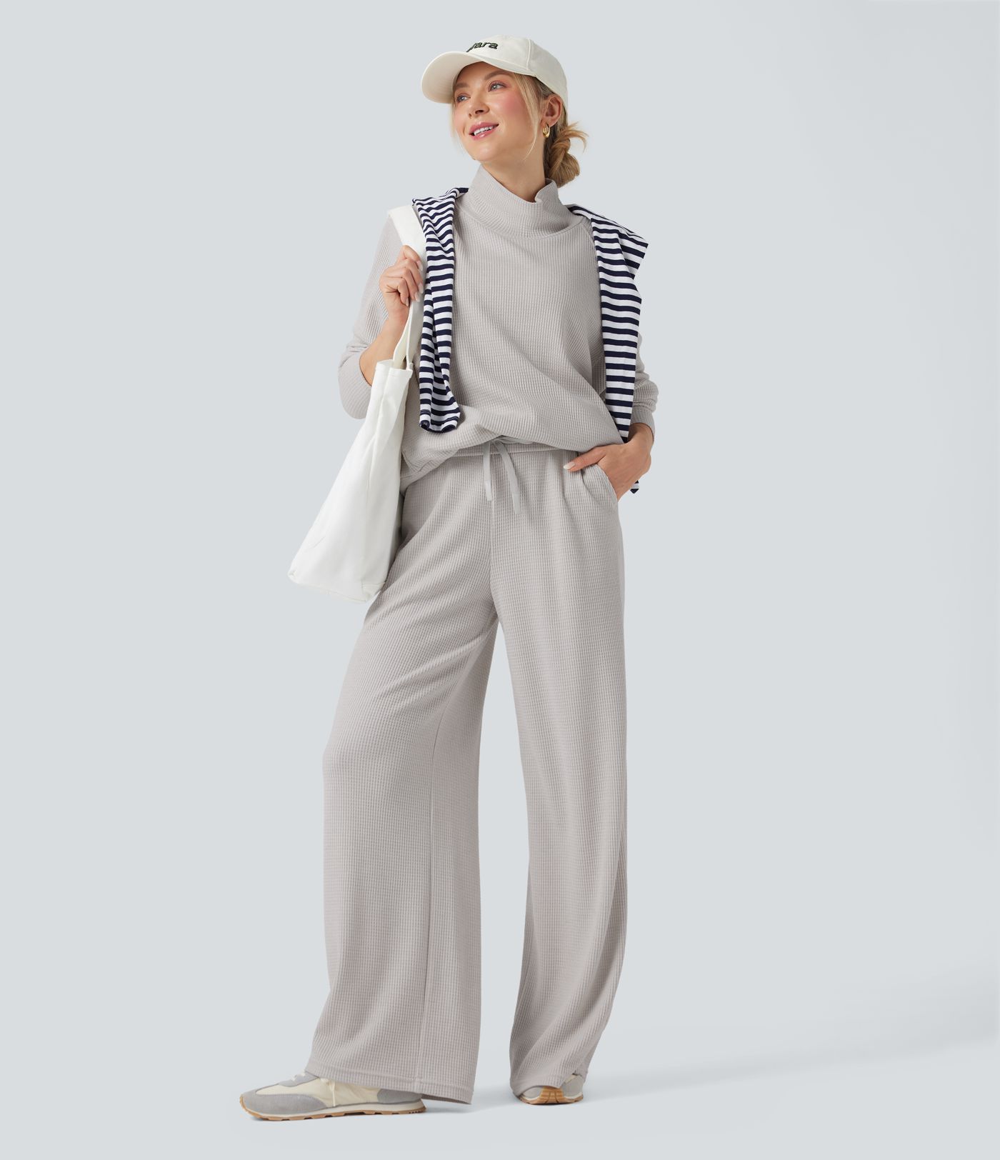 High-neck Long Sleeve Thumb Holes Oversized Waffle Casual Sweatshirt with Pockets